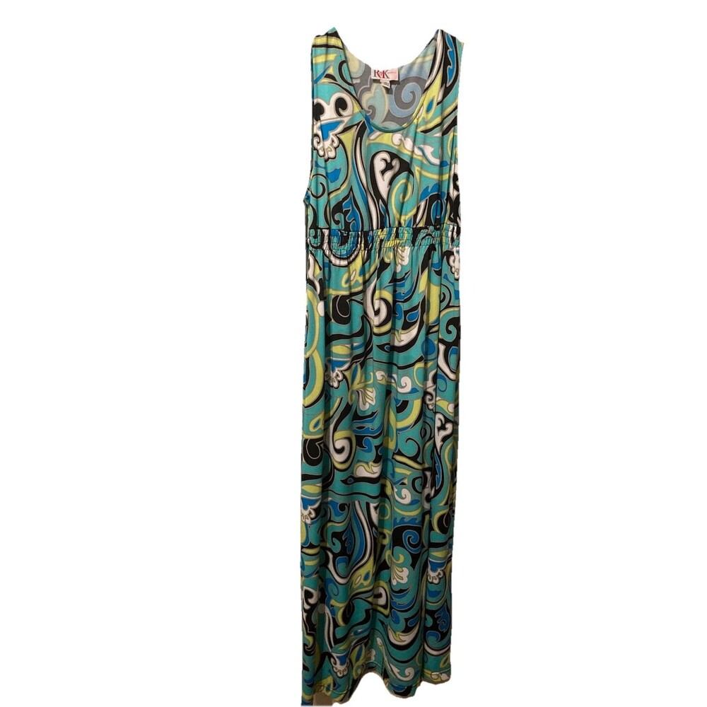 Vintage RK Original Women’s Size 14 Aqua Geometric Maxi Dress Stretch Good Cond